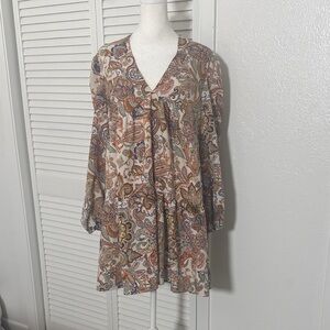 Boho Hippy Paisley V-Neck Long Sleeve Tunic Mini Dress in Cream Sz L